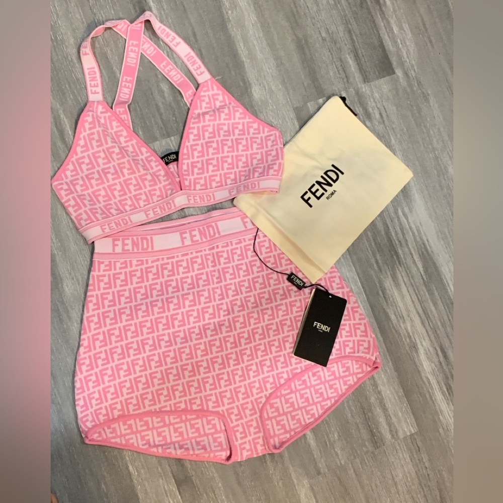Fendi Pink Logo Bralette and High-Waist Briefs knit set STRETCHY MATERIAL***